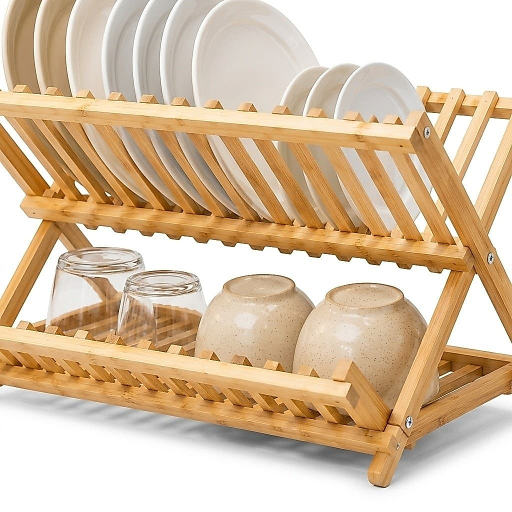 Escorredor de Louças Dobrável 2 Andares Bambu Natural, Compacto e Sustentável para Cozinha