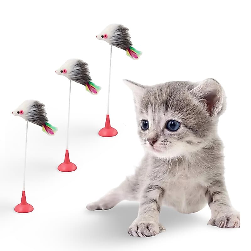 3 Brinquedos para gatos Varinha Com Ventosa Para Gato Pet com ratinho e mola