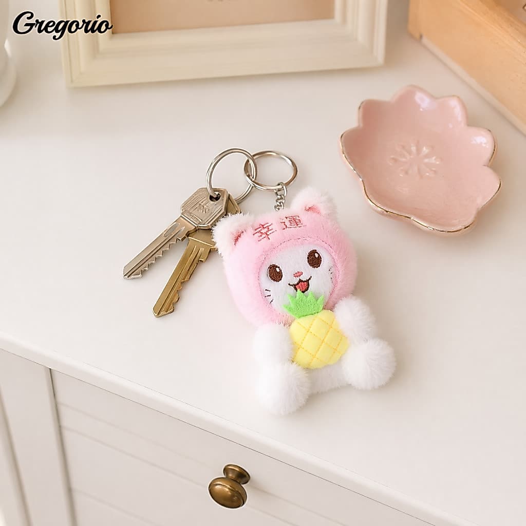 Mini Plush Keychain Pendant Cute Fruit Cat – Small Donut Kitten Bag Charm Kawaii Soft Stuffed for Backpack Purse Gift
