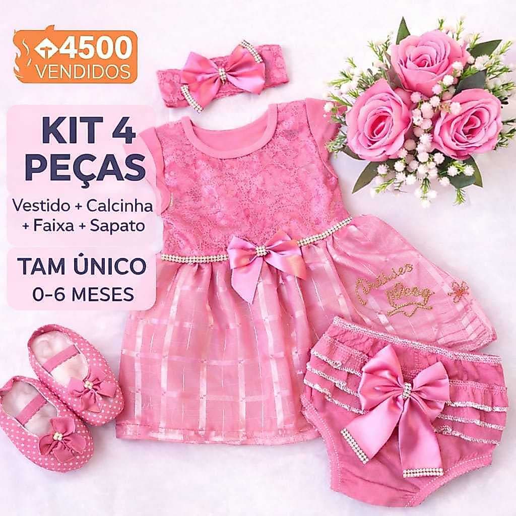 Vestido Bebê Luxo Renda Princesa Batizado Festa Aniversário Kit 4 Peças ou Vestido 0-6 Meses