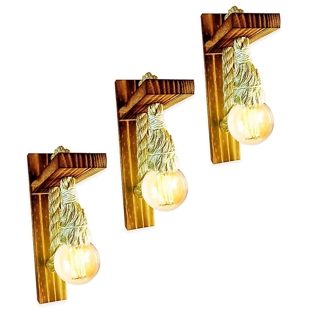Kit 3 Arandela Luminária Parede Madeira Retrô Rústica Sisal