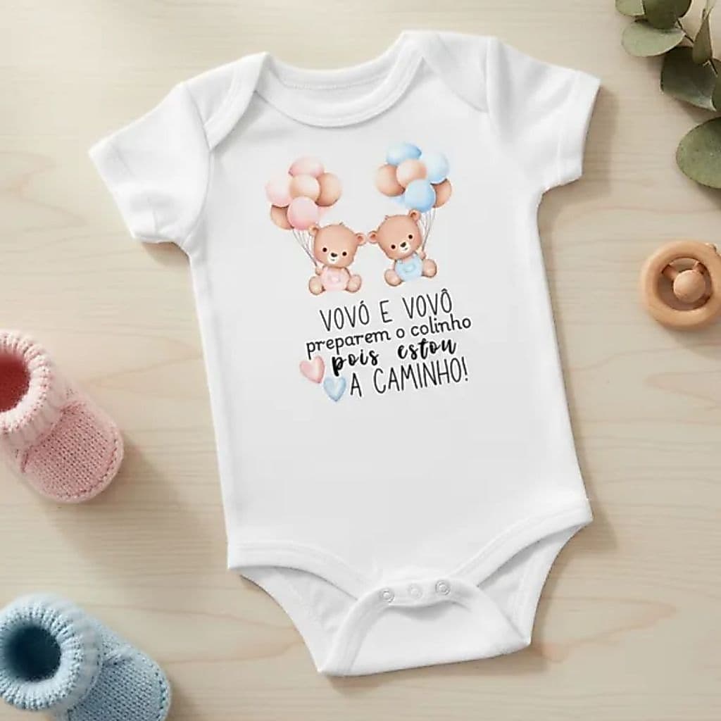 Body curto bebê branco divertido estampado frases vovô e vovó prepara o colinho revelação gravidez