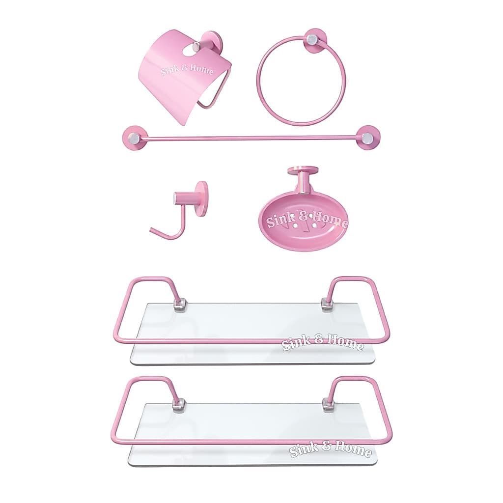 Kit de Acessórios P/ Banheiro Rosa em Metal INOX Porta Shampoo Vidro Reto Rosa Saboneteira