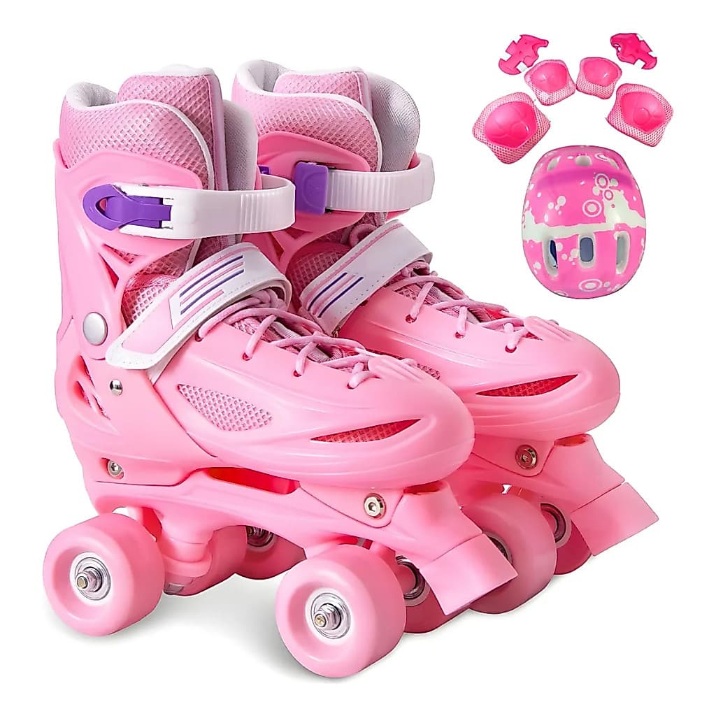 Patins Infantil Quad  Rosa Ajustável com Kit Proteção