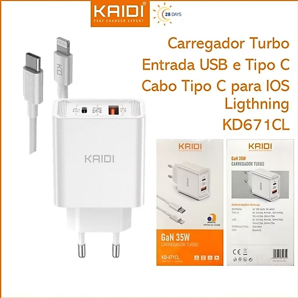 Carregador Super Rápido KAIDI Turbo PD 35W (Fonte 35W + Cabo PD Tipo-C para Tipo-C e IPhone)