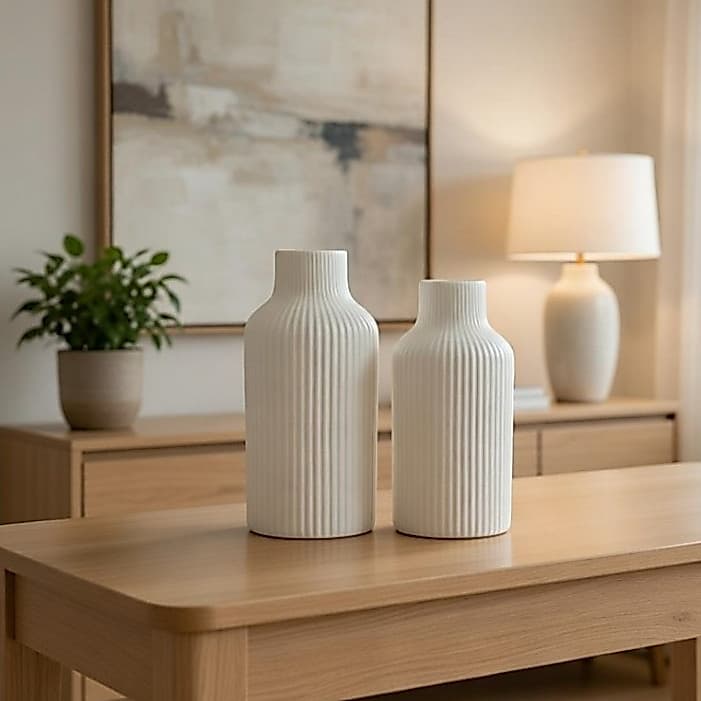 Vaso Floreira Nórdico Riscado Moderno em Cerâmica Branca Fosca Decorativo Decoração