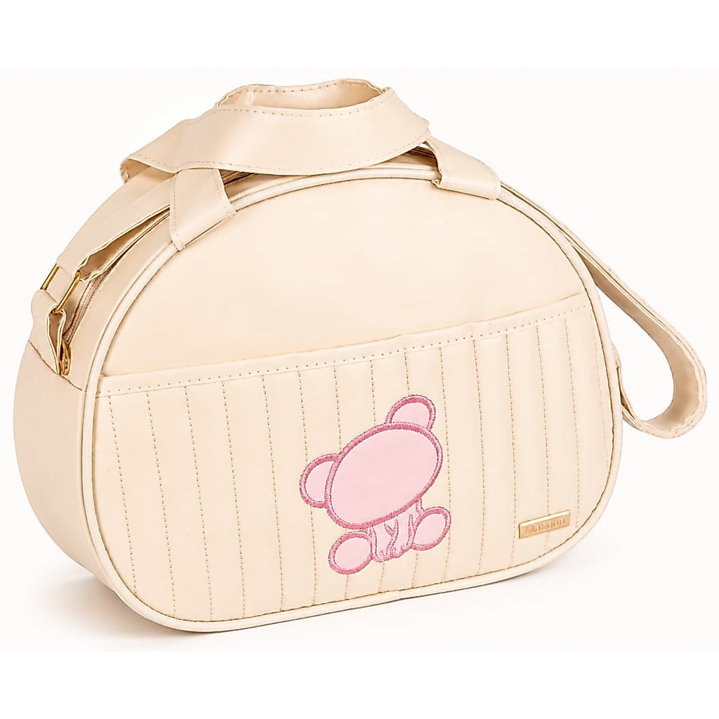 Bolsa Maternidade pequena Bege c/ Urso Bordado Rosa