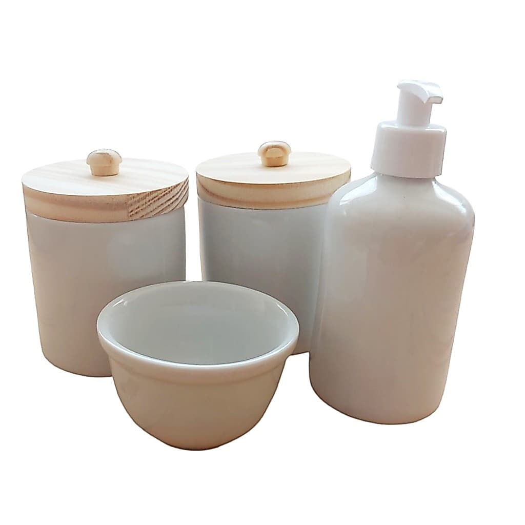 Kit Higiene Bebê Porcelana Branco Gelo 4 Peças Potes Saboneteira Molhadeira
