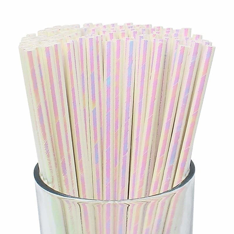 Canudo de Papel Nacarado Branco Holográfico furta-cor decoração festa aniversário pirulito cake pop
