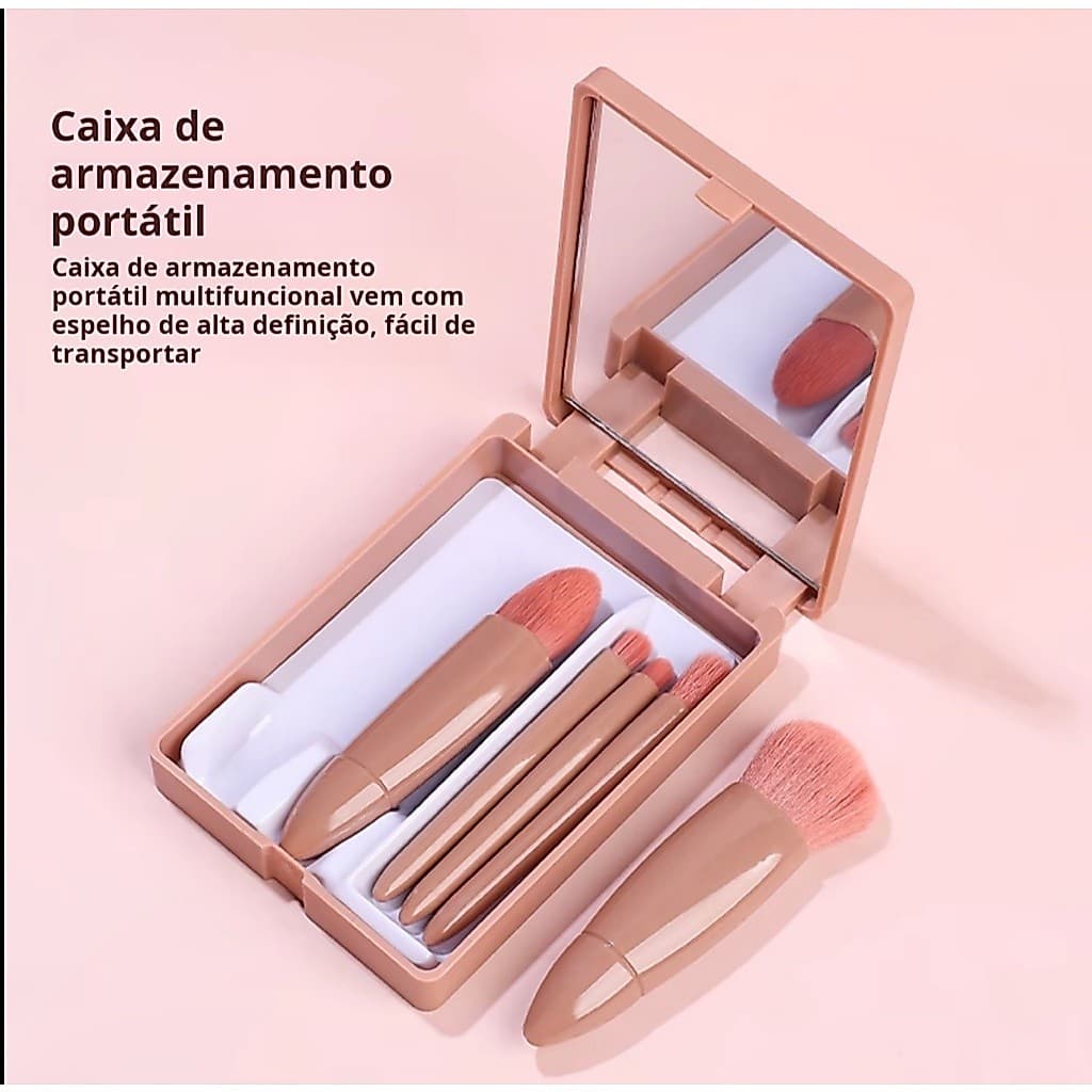 Kit Pincéis de Maquiagem Portátil com Espelho | Estojo Compacto para Viagem | 5 Pincéis Macios Femininos