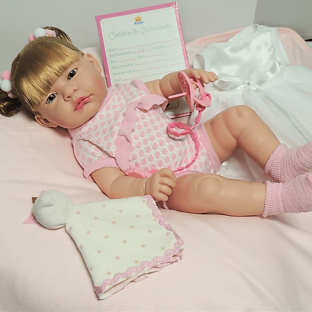 Boneca Bebe Maya Realista Com Acessórios Body Premium + Vestido Luxo Batismo