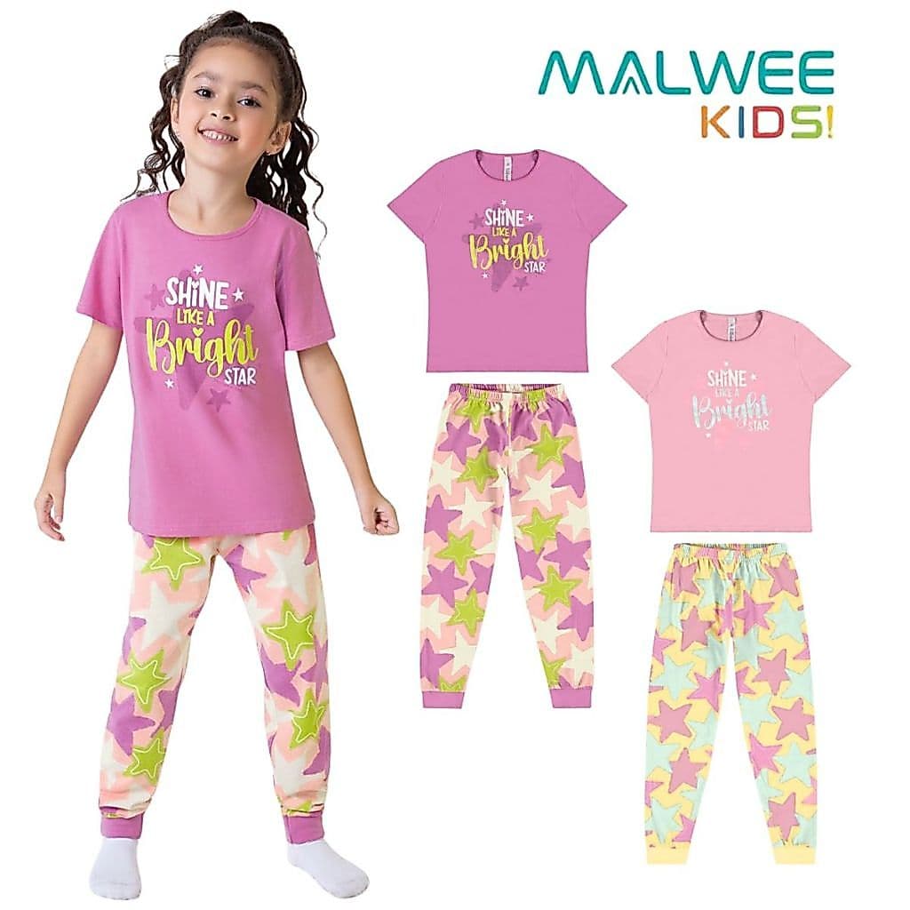 PIJAMA MENINA INFANTIL CAMISETA E CALÇA BRILHA NO ESCURO MENINA ALGODÃO MALWEE KIDS