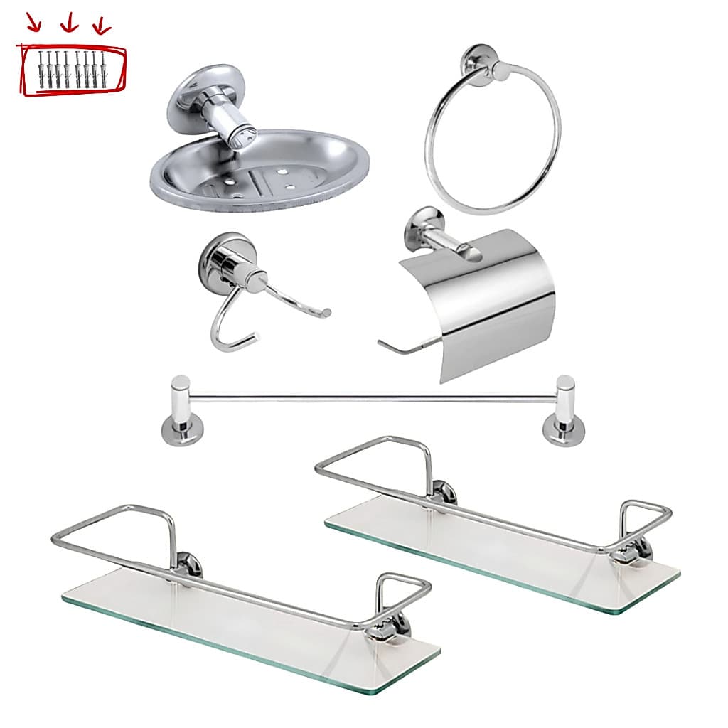 Kit Acessórios Banheiro Aço Inox 5 Peças + 2 Porta Shampoo Suporte Vidro Incolor