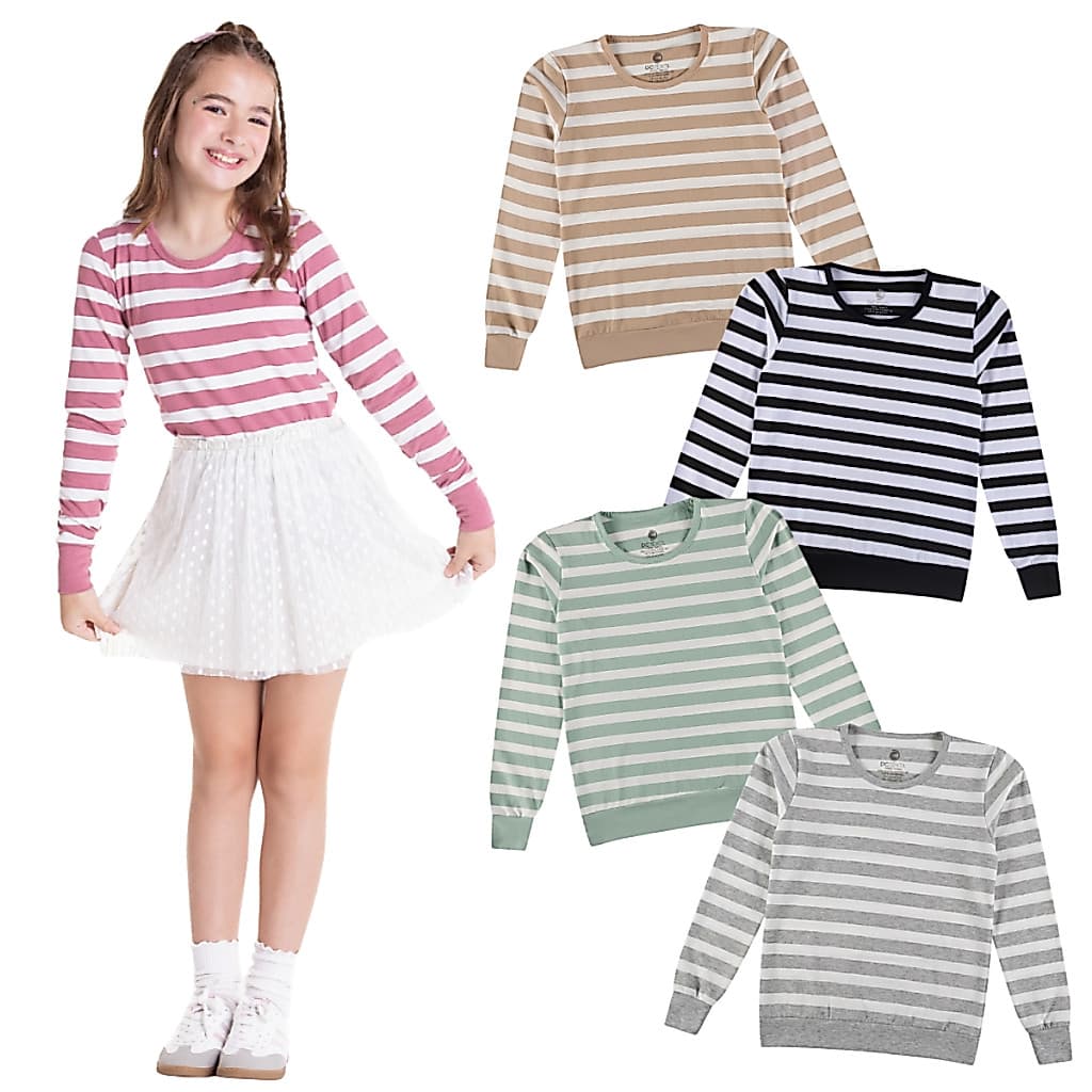 Blusa Cotton Manga Longa Listrada Juvenil Menina Tamanho 12 ao 16