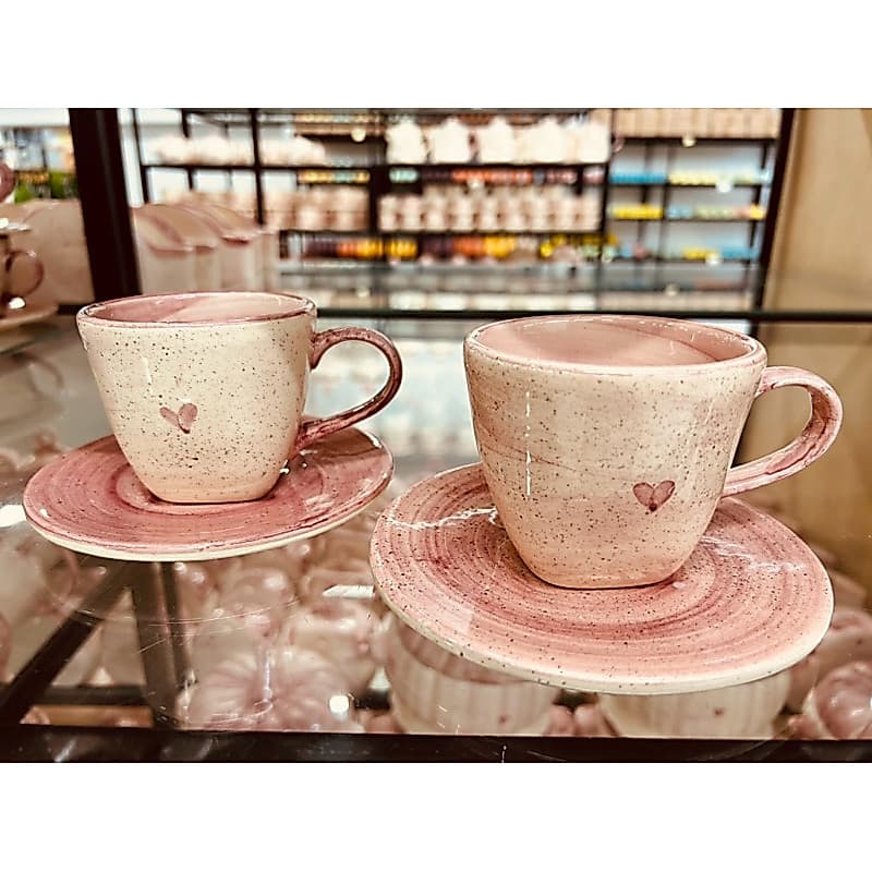 Conjunto com 2 Xícaras de Chá Rosa com Pires Linha Coração Pintado a Mão