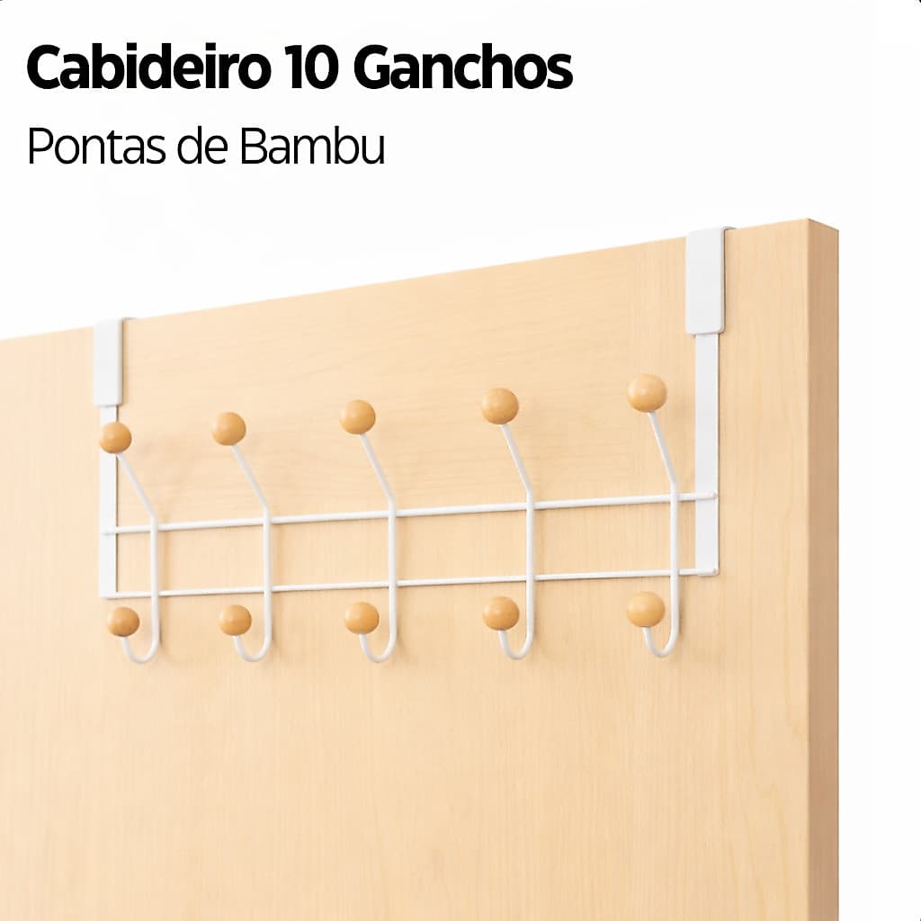 Cabideiro De Porta 10 Ganchos Em Metal Com Pontas Bambu Organizador