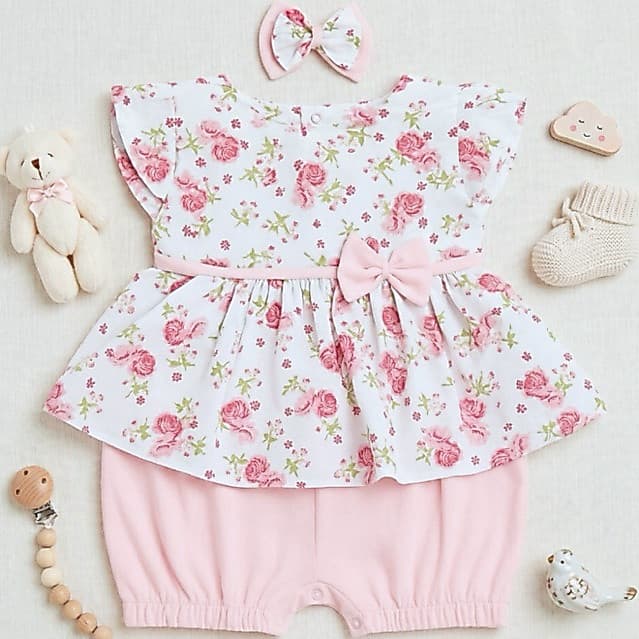 Macacão para Bebê Menina Vestido Floral 100% Algodão com Faixa Verão Maternidade Luxo