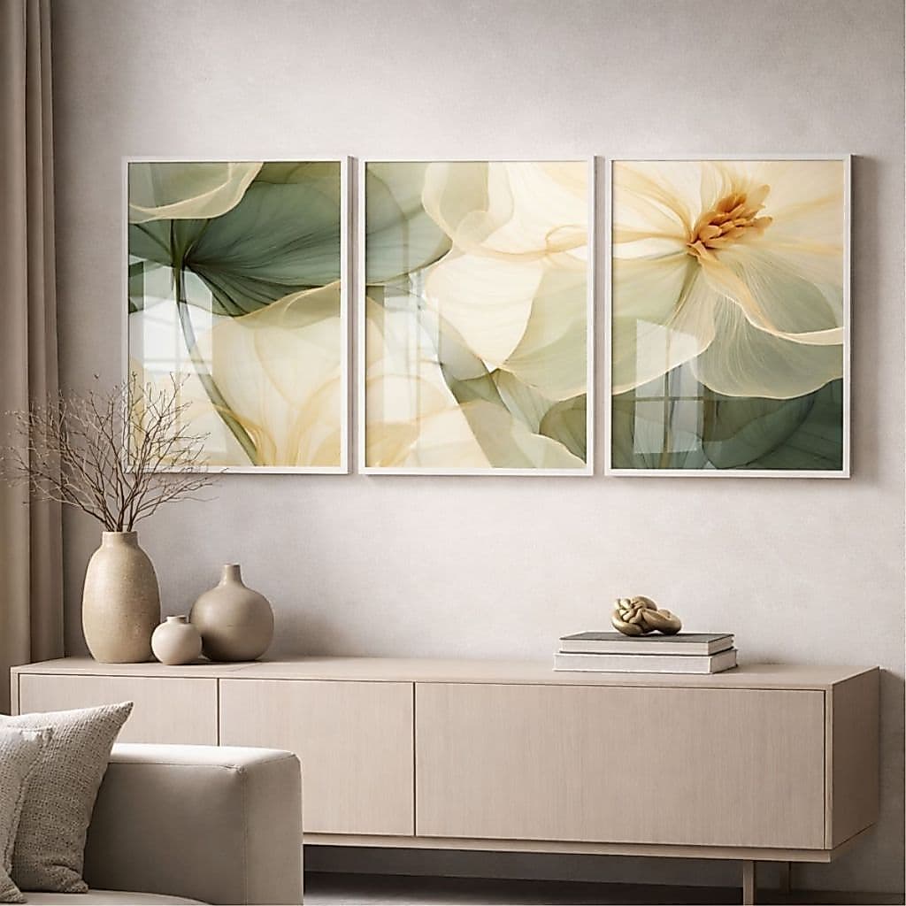 Kit Trio Quadros Decorativos Moldura Vidro 3 Peças Flor Verde Bege Decoração Moderna Sala Quarto