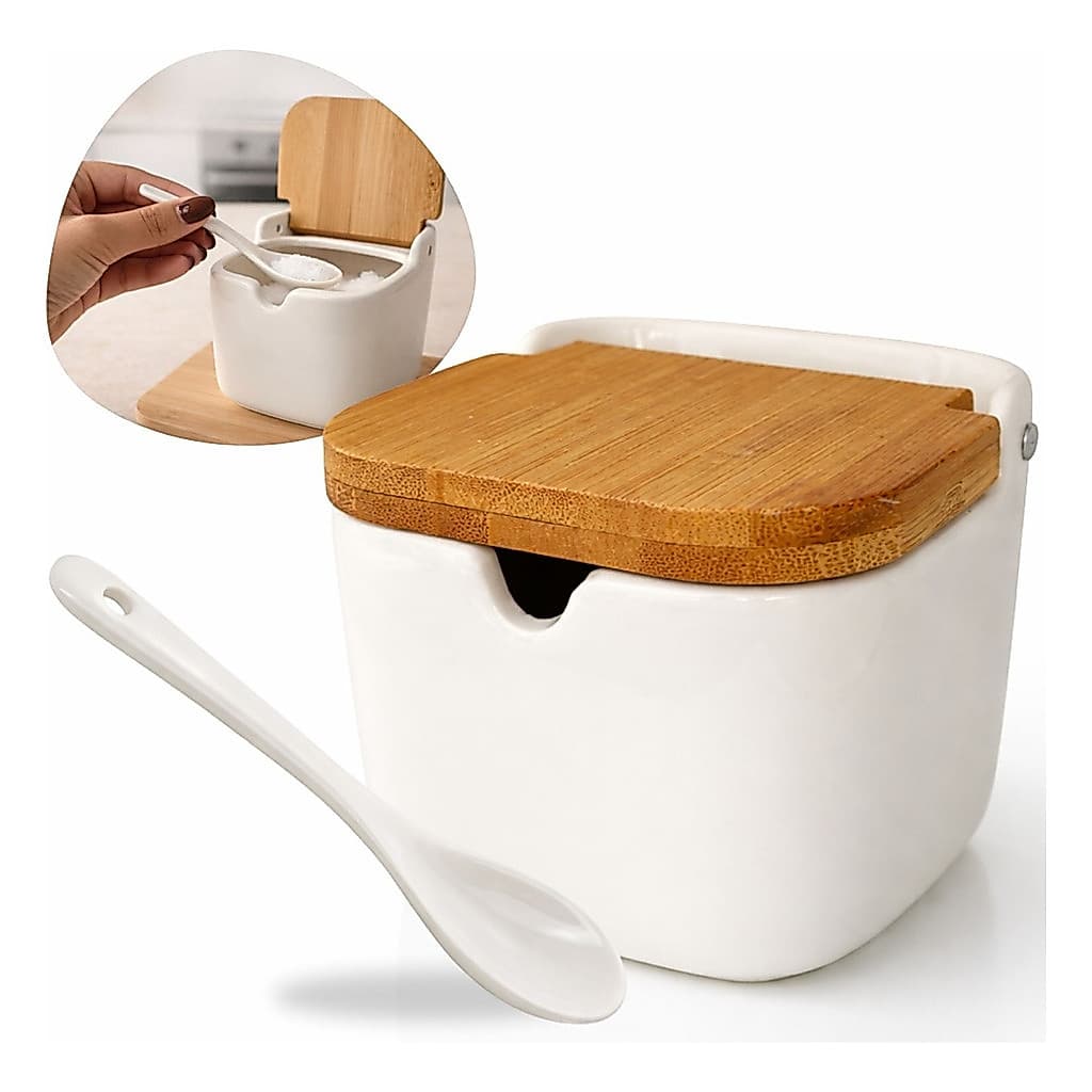 Lyor Saleiro Cerâmica Com Colher Tampa Bambu Branco