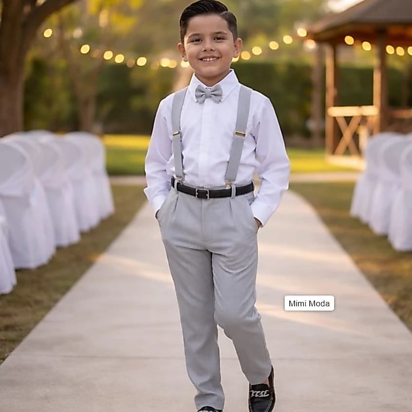 Conjunto Menino Infantil Social Suspensorio Completo Cinza Claro Casamento Formatura Pagem Noivinho