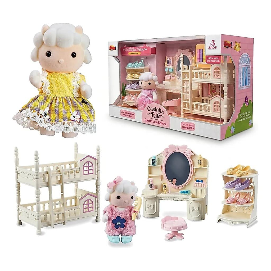 Quarto Beliche Casinha Feliz Ovelhinha Coleção Cenário Faz de Conta com Acessórios Zoop Toys Infantil