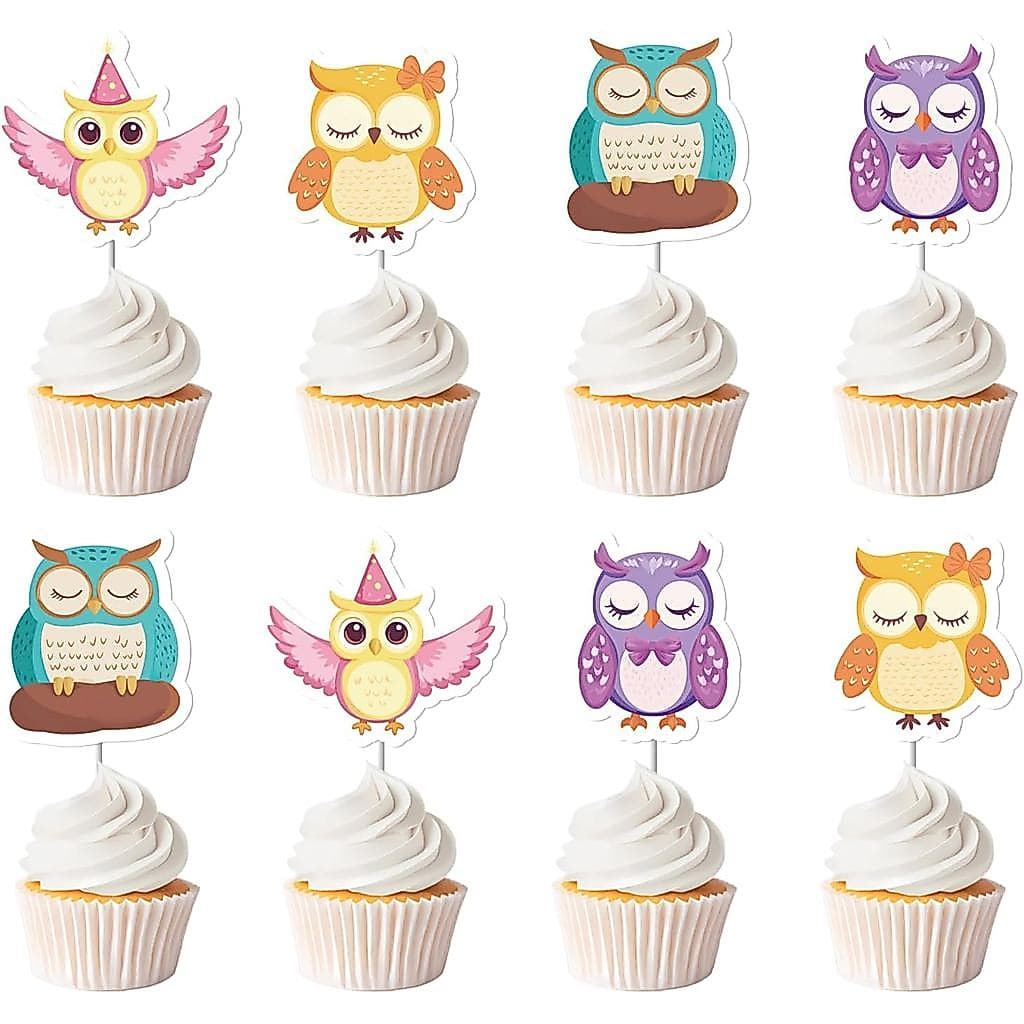 36 Peças de Enfeites para Cupcakes de Coruja, Decorações Coloridas para Bolos com Tema Safari e Selva para Festas de Ani