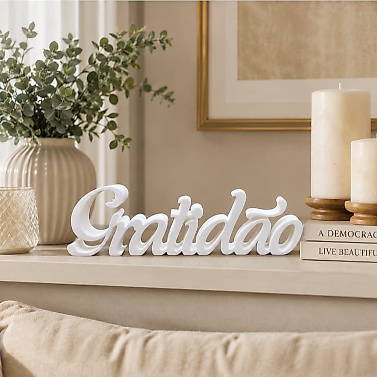 Enfeite Gratidão 3D Branco Preto Decoração Minimalista Premium