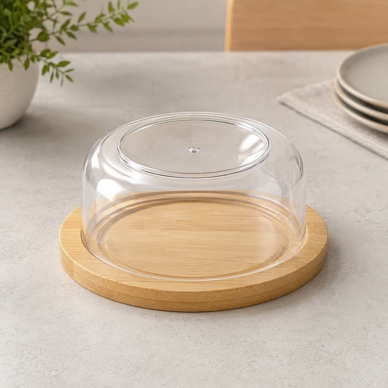 Porta Queijo Redondo Bambu com Tampa Transparente 15,5cm