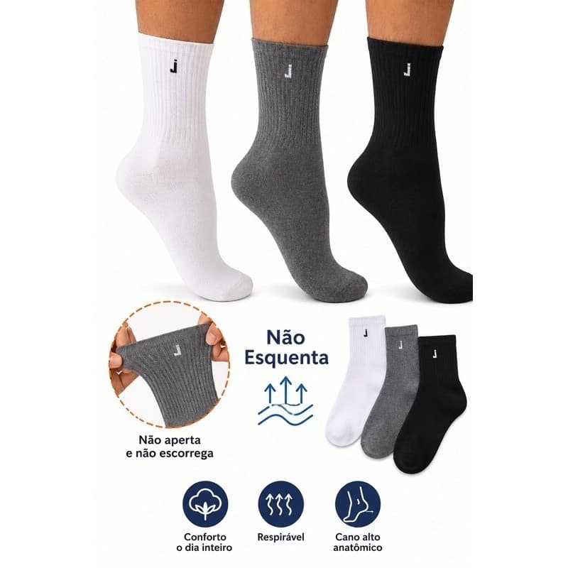 Kit 12 Pares Meias Cano Alto  Algodão Meia Cano Longo Esportiva Confortável