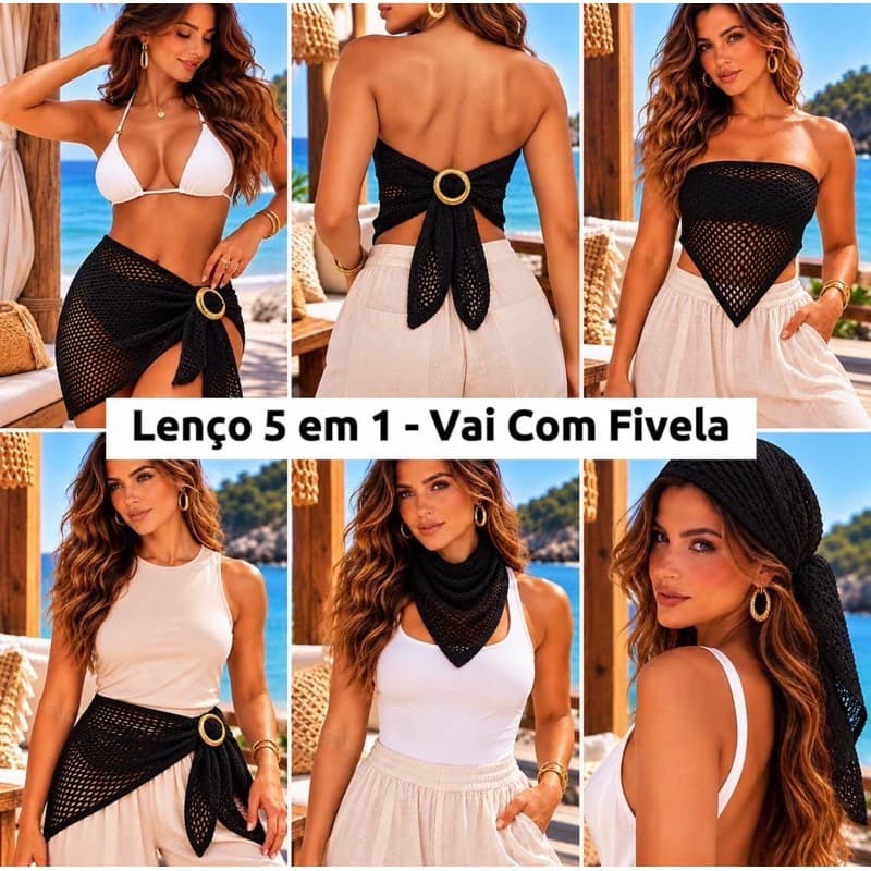 Lenço Tricot Ponto Croche 5 em 1 Com Fivela Dourada Tendência Verão Várias Formas de Usar