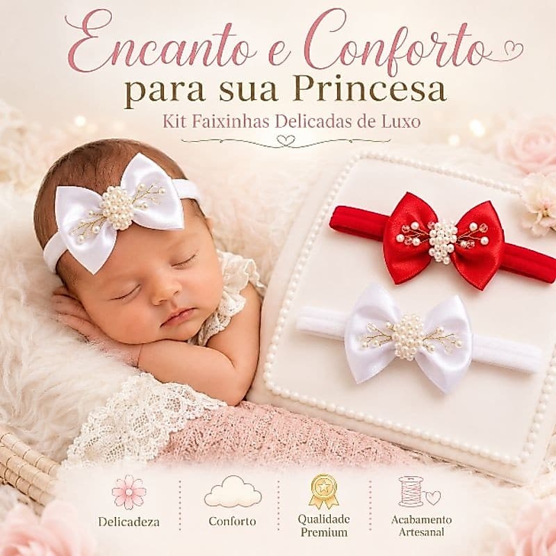 Kit Faixinhas Bebê Natal e Réveillon | Laço Vermelho e Branco com Pérolas
