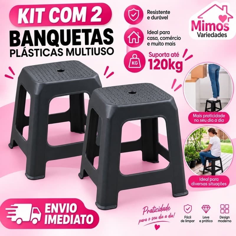 BANQUETA PLÁSTICA PRETA REFORÇADA MULTIUSO SUPORTA ATÉ 120KG RESISTENTE PARA CASA COMÉRCIO 1 OU 2 UNIDADES