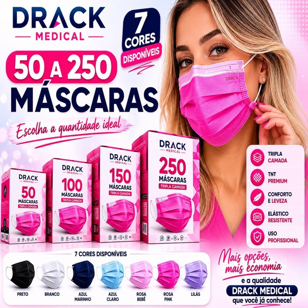 50 a 250 MÁSCARAS DESCARTÁVEIS COLORIDAS Tripla Camada Com Clipe Nasal Profissional