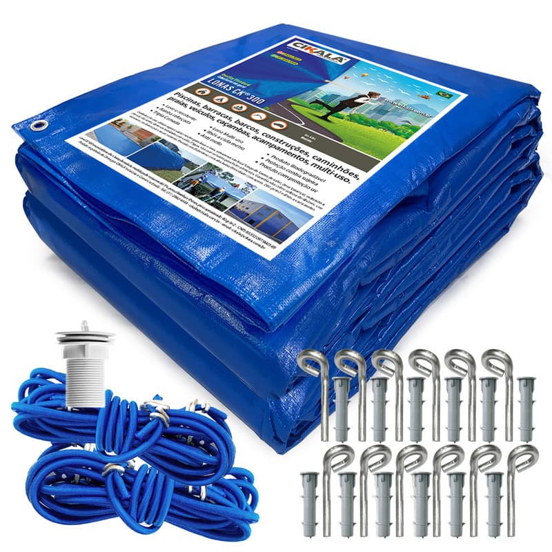 Capa Proteção de Piscina CK300 Azul 6x3 M em Polietileno + Kit Instalação Proteção UV