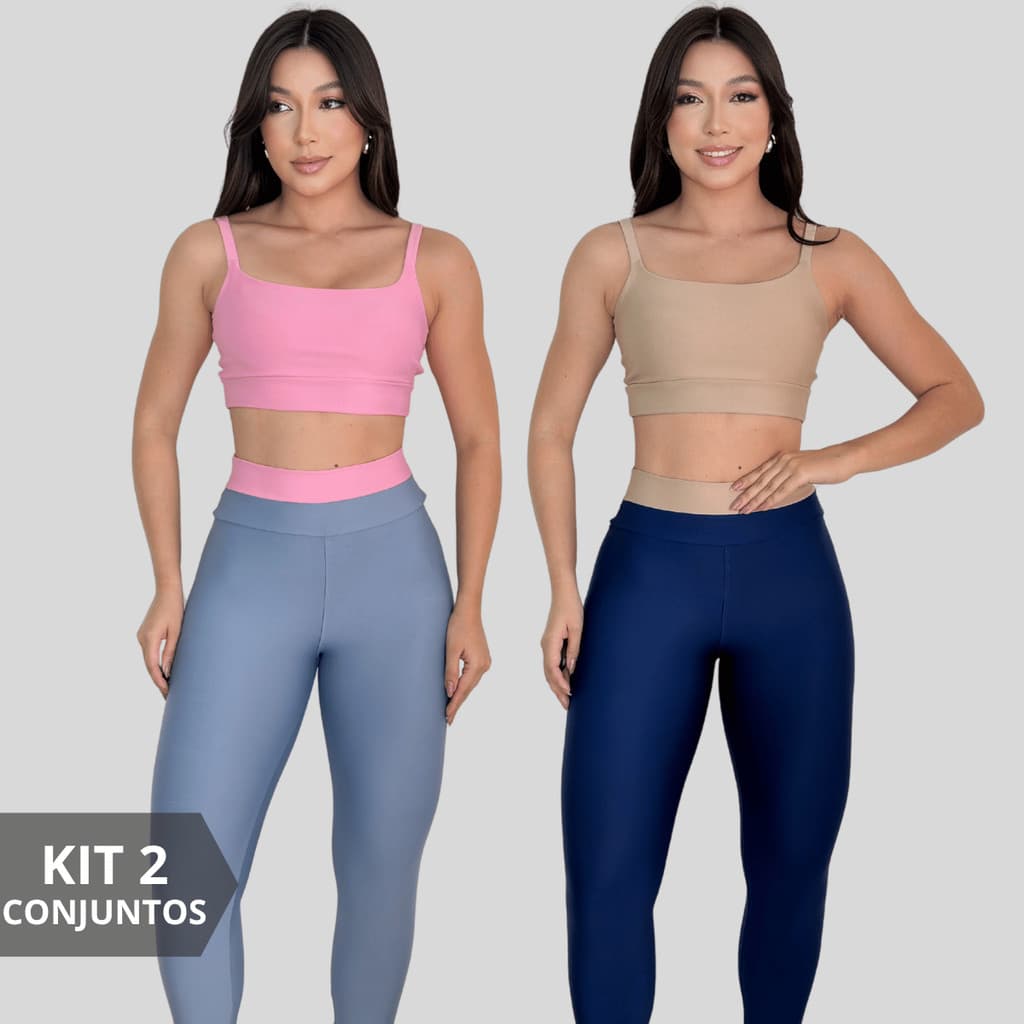 Kit 2 Conjuntos Fitness Feminino Top e Calça Legging Cintura Alta Academia Treino Confortável