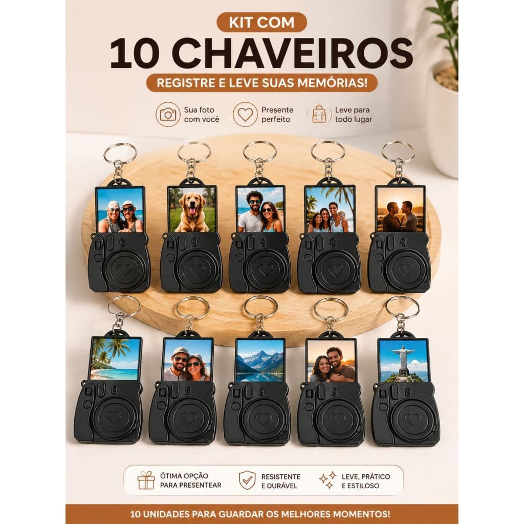 Kit 10 Chaveiros 5cmx5cm Porta-Retratos Formato de Câmera Retrô 3D Para o Dia dos Pais Dia dos Namorado Presente