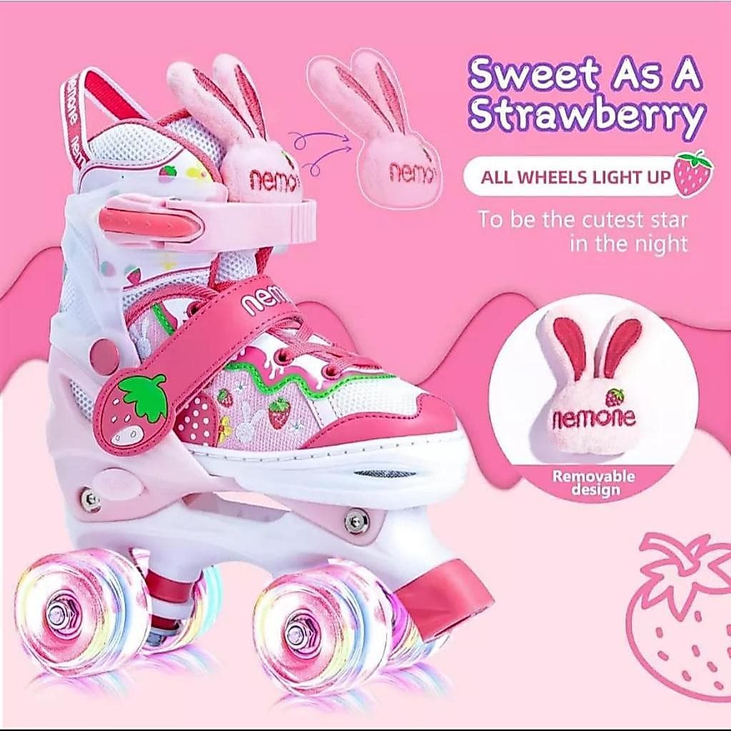 Patins Infantil Quad Moranguinho Lançamento com Orelhas de Coelho Removíveis e Led nas 4 Rodinhas