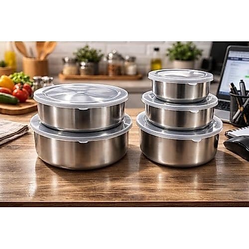 Kit Potes Hermeticos 5 Pecas Inox Cozinha Alimentos Organizadores Armazenamento Tampas Vedacao