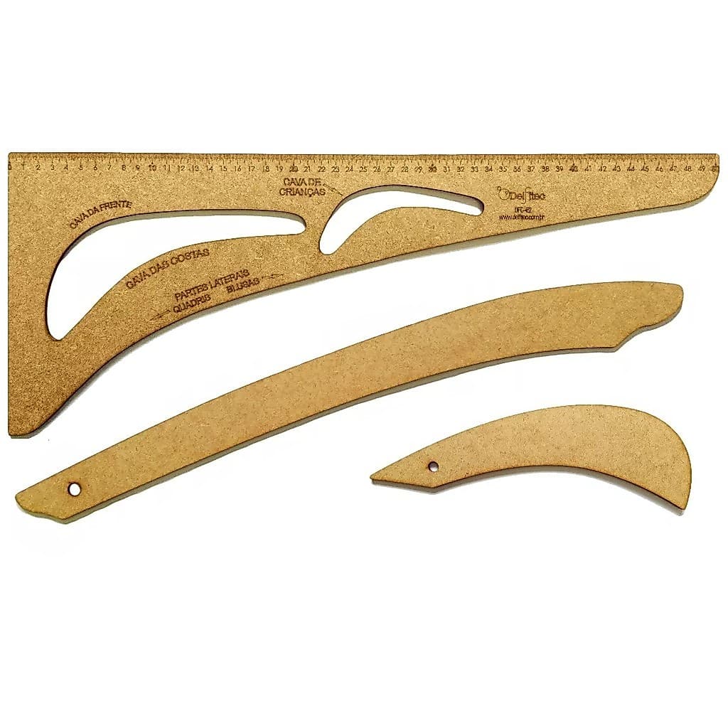 Kit Regua Conjunto Costura Modelista Nº2 Profissional 3Pçs MDF