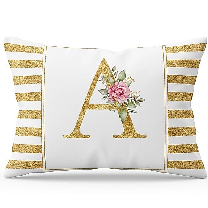 Fronha Personalizada Inicial 50x70 Micropercal Decorativa Letra Floral Dourada com Zíper Super Macia Resistente