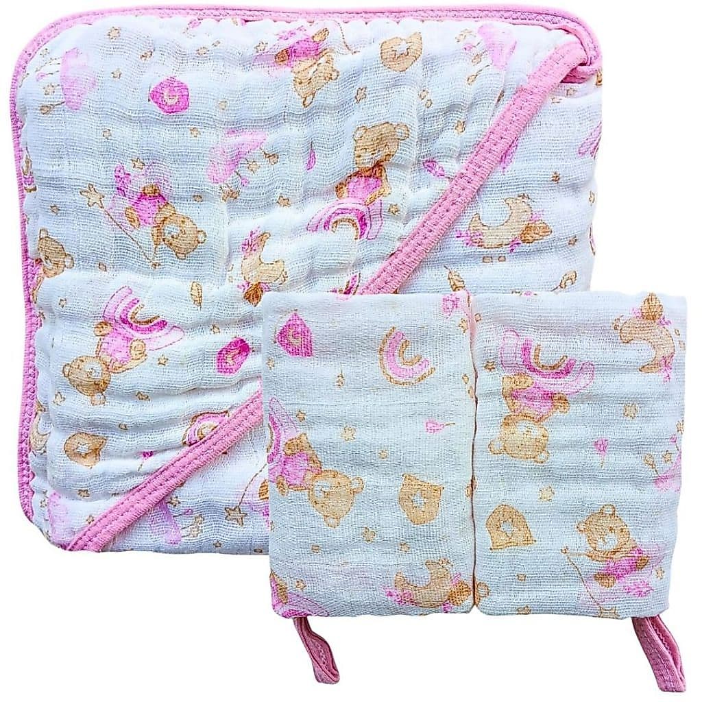 Kit 3 Peças 1 Toalha Banho Soft C/Capuz + 2 Toalha Pano Boca Babete Soft Menino Menina Neutro