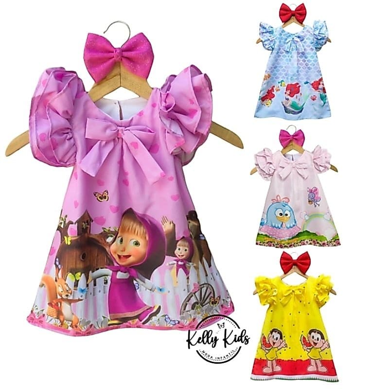 vestido trapézio infantil personagens luxo
