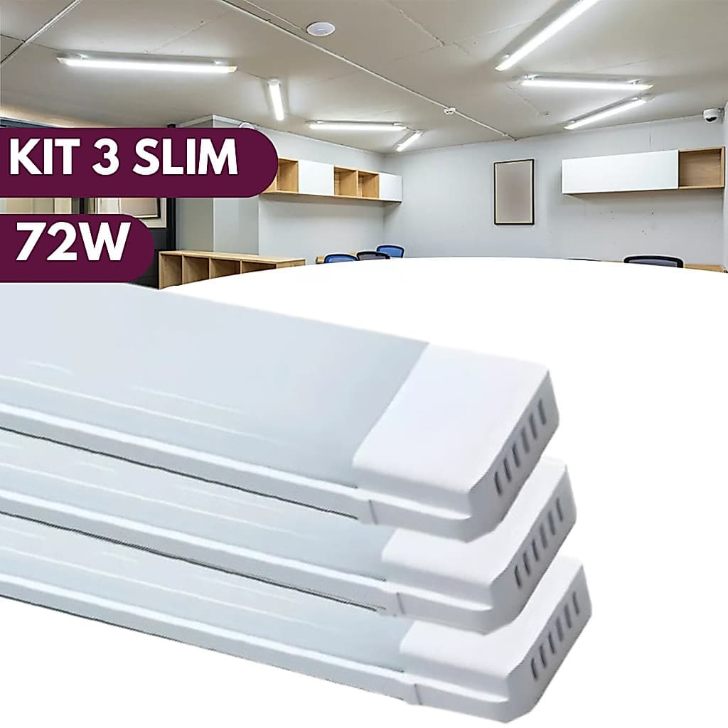 Kit 3 Luminária Tubular Led Slim 72w 120cm 6500k Branco Frio Bivolt 110v/220v