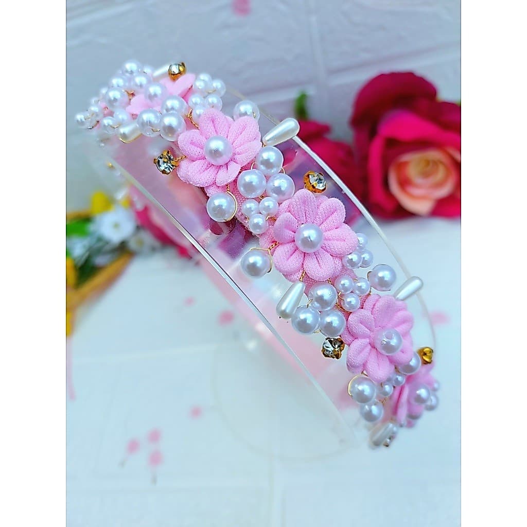 Tiara de flores e pérolas, faixinha rosa de luxo para bebê, acessórios infantil com regulagem.