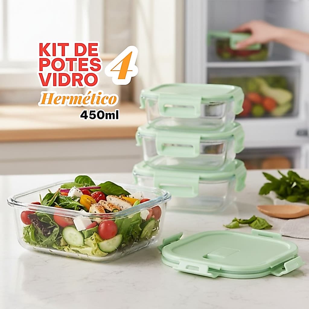 Kit 2 ou 4 Potes Vidro Hermético 450ml Retangular Mantimentos Marmita Premium