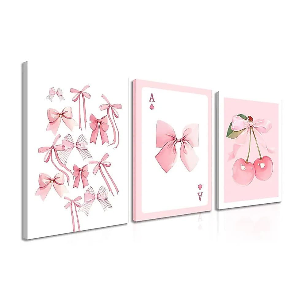 Quadro Decorativo conjunto de decoração de parede estilo vintage doce, arte com laço rosa e cereja