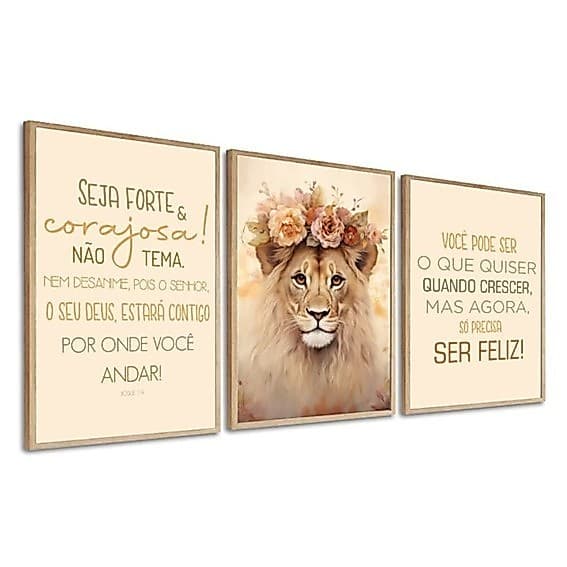Quadro Decorativo Leão Seja Forte e Corajosa Flores Moderno Cor Rose Lindo Moderno Sofisticado 3 Peças