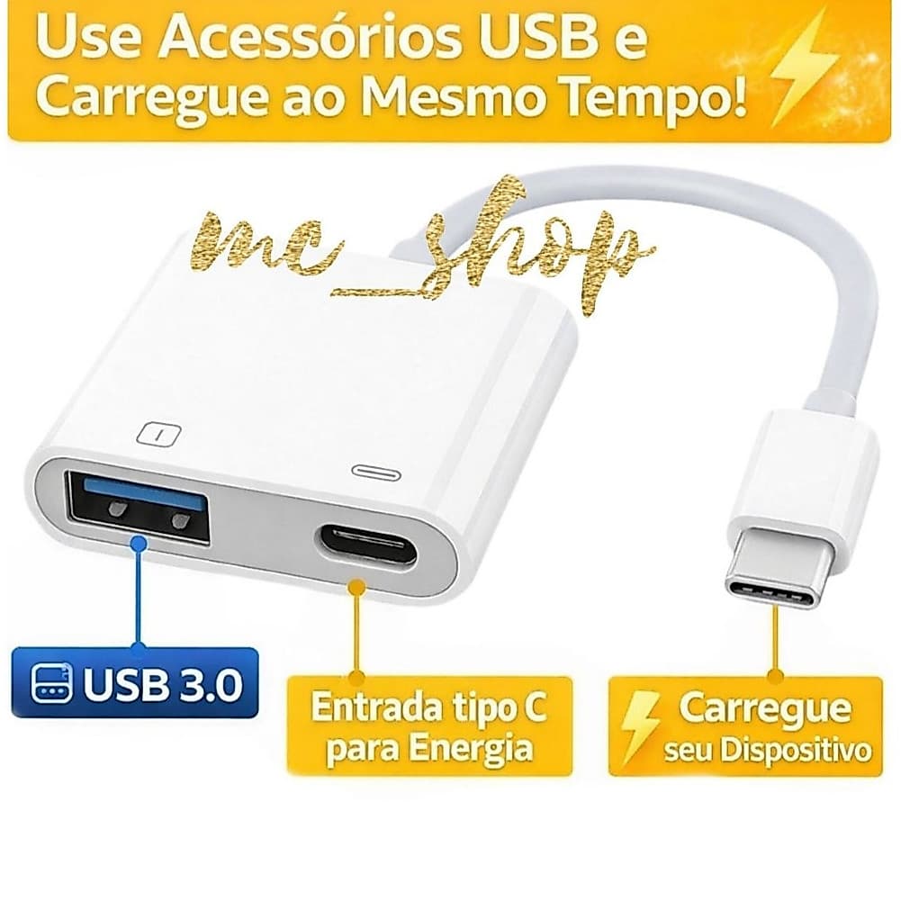 Cabo OTG 2 em 1 Tipo-C USB 3.0 com Carga Simultânea – Android e Microfone de Live