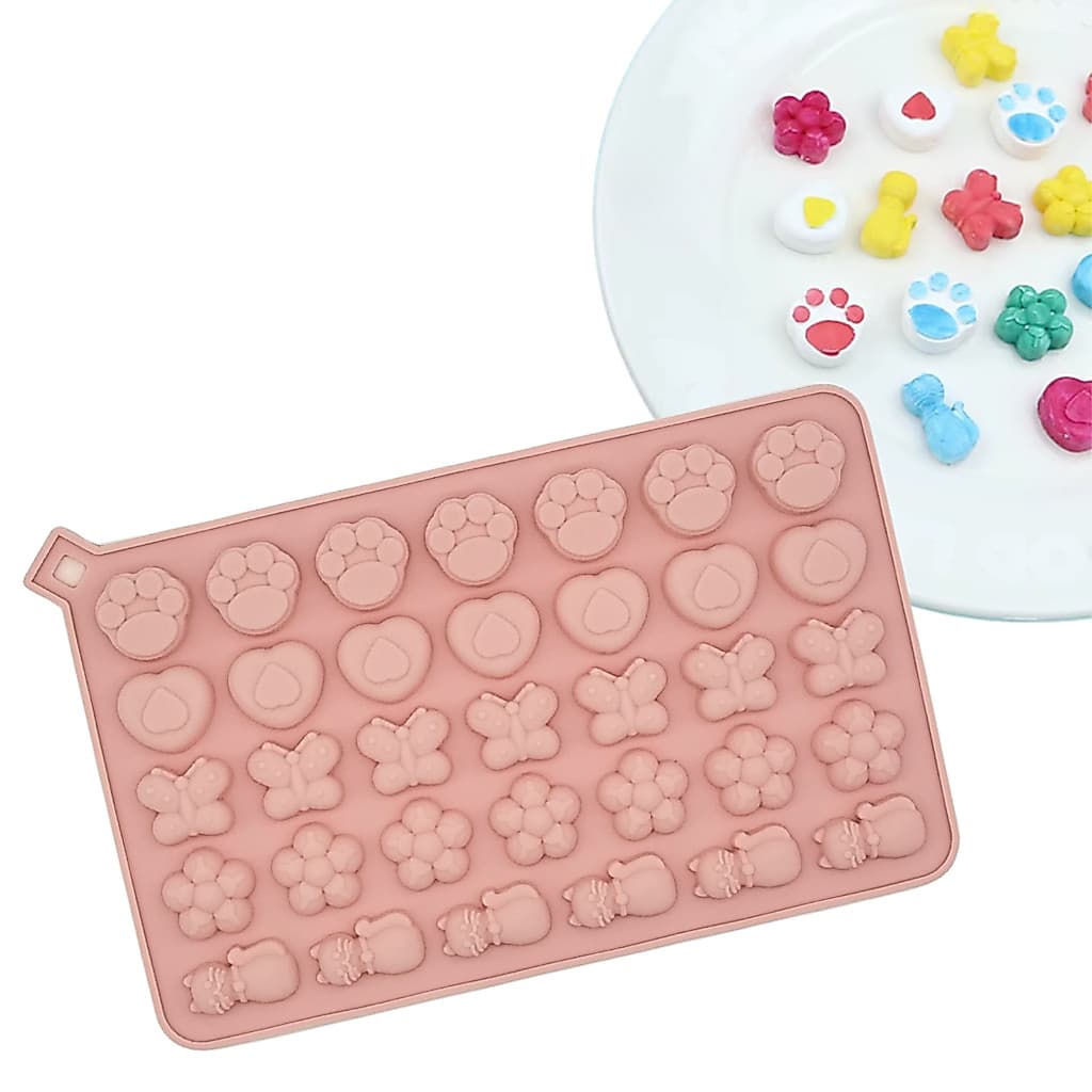 Molde de Silicone Gatinho e Borboleta 34 Cavidades Forma de Patinhas Goma Doce Chocolate