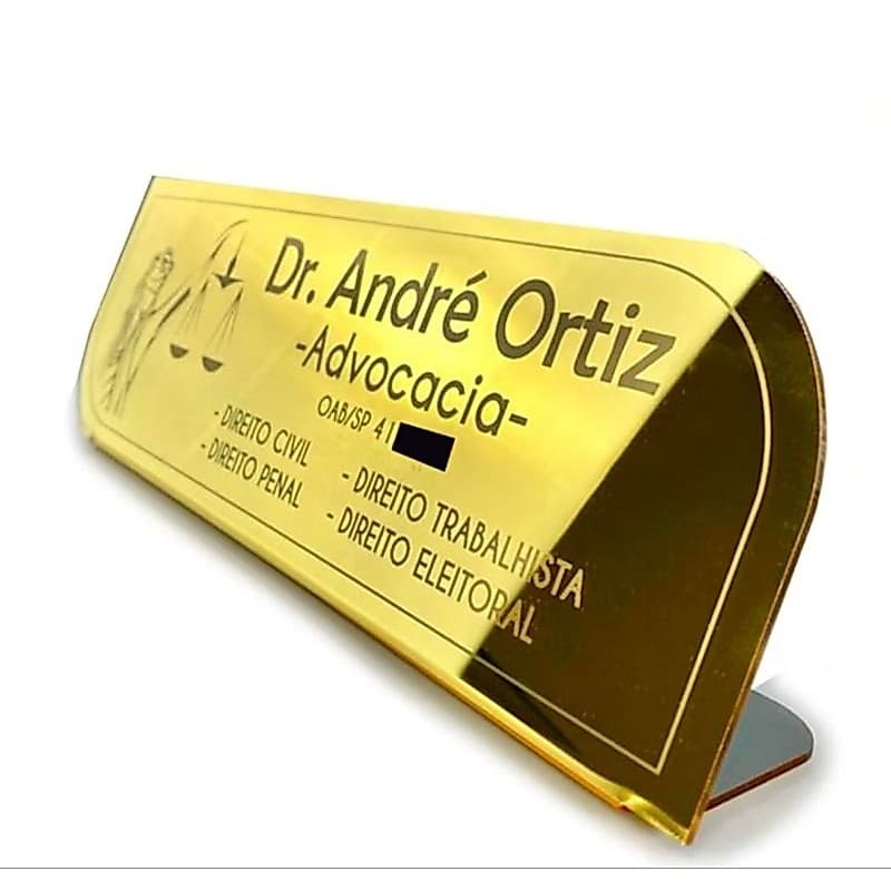 Placa de Mesa Personalizada Acrílico Espelhado – Nome Profissional Logo Escritório Recepção